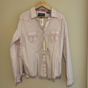 Roughstock Women's White and Pink Western Pear Snap Shirt Size XL